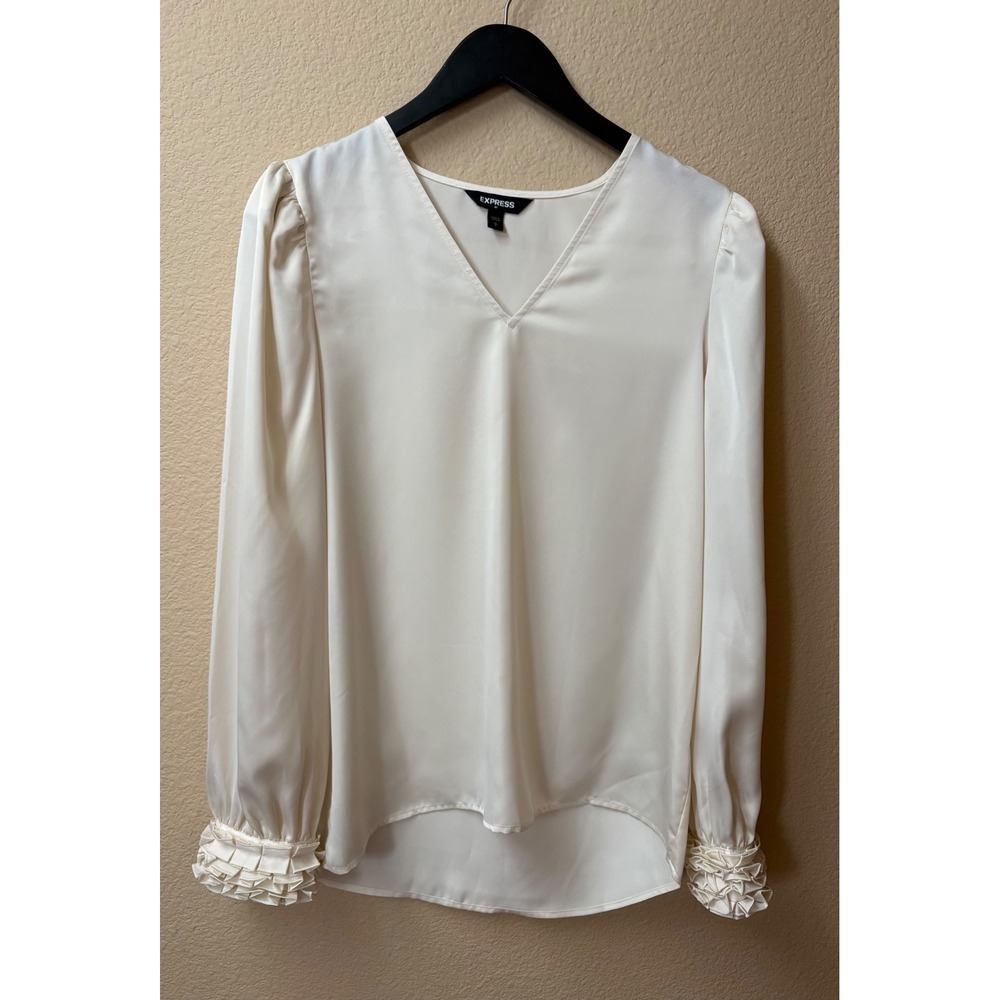 Express Women Cream Satin V-Neck Blouse Ruffle Pearl Cuff Puff Sleeve Small